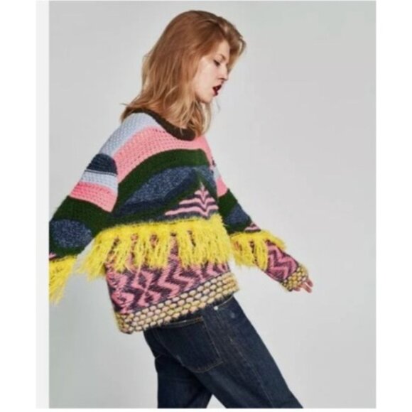 Zara Knit Colorful  Fringed Sweater Multicolor Womens Size Large - Picture 1 of 14